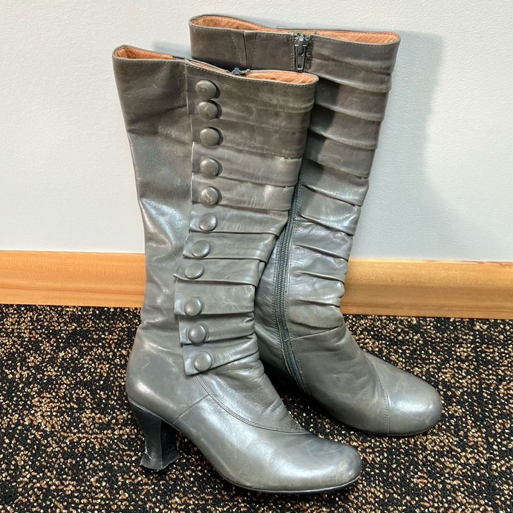 Miz Mooz knee high boots with buttons, gray, 3” heel, size 6.5, some scuffs